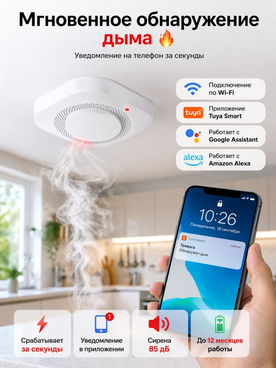 Умный Wi-Fi датчик дыма с уведомлением в приложении и звуковой сигнализацией - 