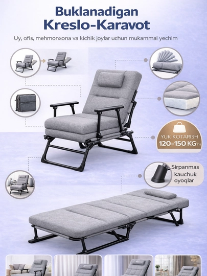 🛏️ Bir kishilik to‘shakli yig‘ma karavot, 190×73, uy va mehmonlar uchun