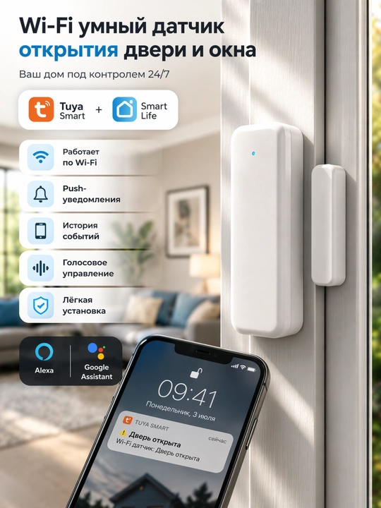 Wi-Fi датчик открытия двери и окна Tuya Smart / Smart Life, push-уведомления - 