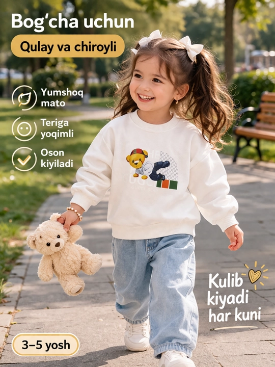Bolalar svitshot oq 2-6 yosh yumshoq qulay kundalik