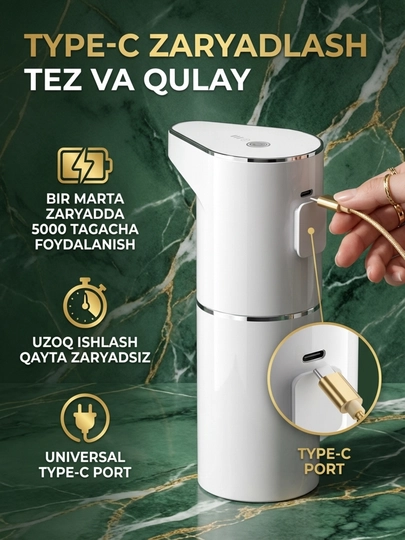 Suyuq sovun uchun sensorli avtomatik dozator ko'pikli, 350 ml, Type-C