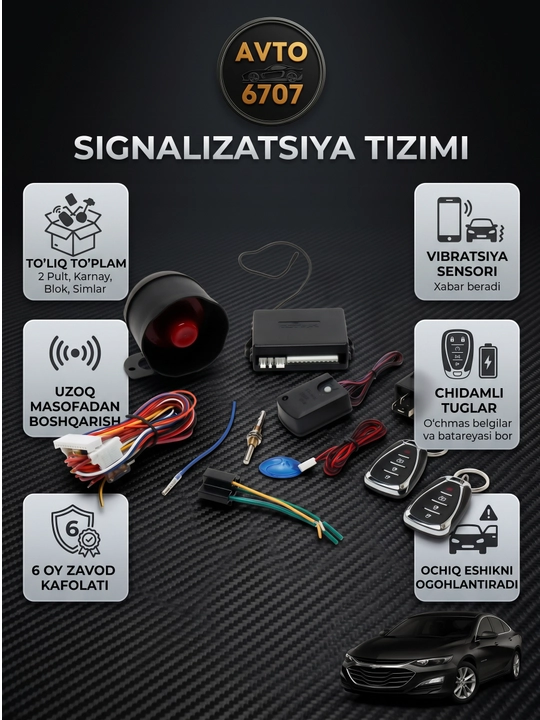 Avto signalizatsiya Malibu 2 pultli, avtomobil xavfsizlik tizimi karney bilan, 2 ta pult