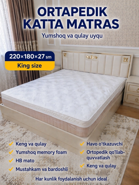 1 va 2 kishilik ortopedik to‘shak, balandligi 27 sm, kafolat muddati 3 yil