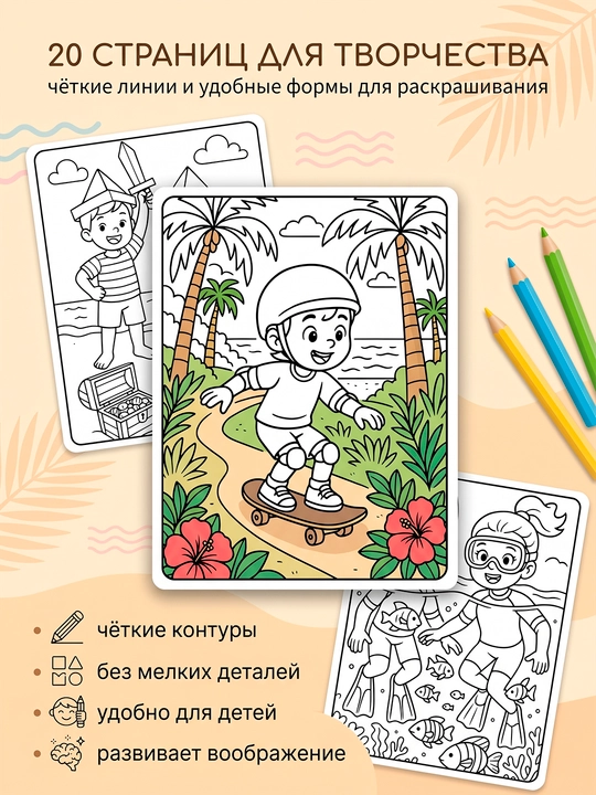 Раскраска для детей Пляжные приключения 20 страниц развивающая книга