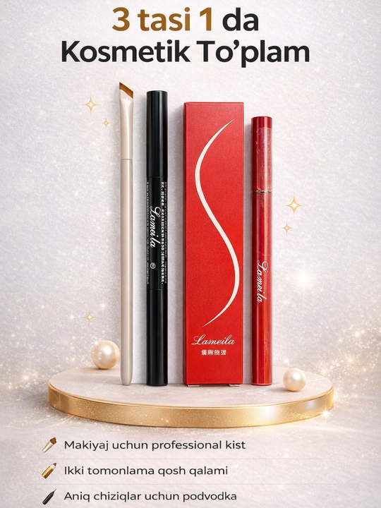 Professional makiyaj to‘plami 3 in 1 – padvodka, kist va qosh qalami (Lameila)