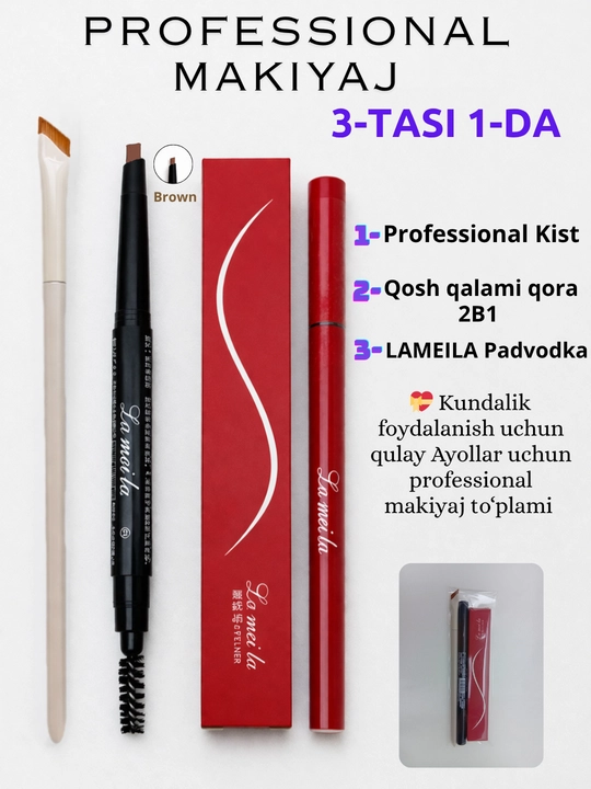 Professional makiyaj to‘plami 3 in 1 – padvodka, kist va qosh qalami (Lameila)