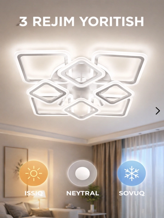 Zamonaviy shift LED lyustra, 4 ta patron, 5 ta yoritish rejimi, 25 m² gacha yoritish