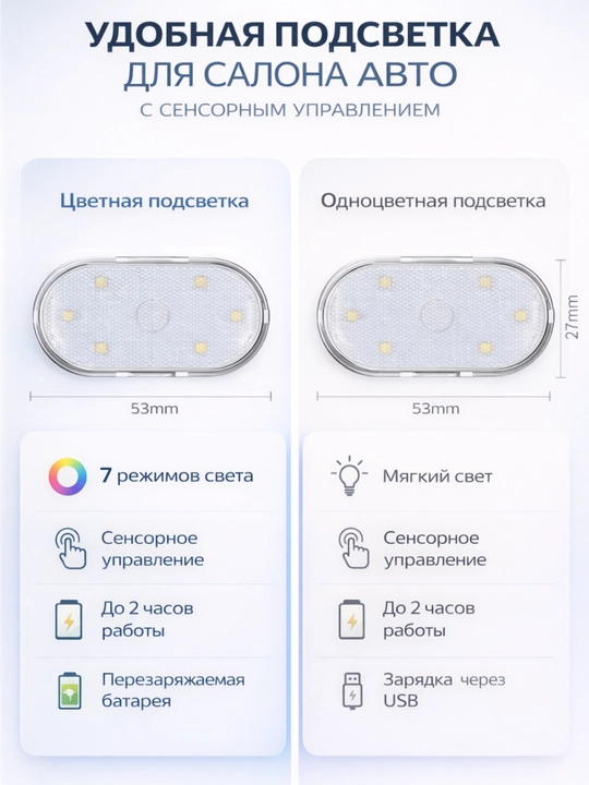 Avto uchun sensorli LED chiroq, magnitli, USB zaryad, 7 rang, simsiz, 2 dona