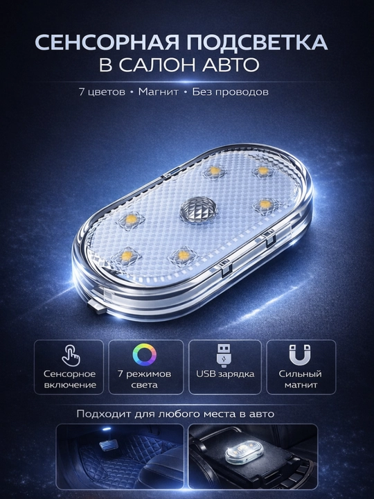 Avto uchun sensorli LED chiroq, magnitli, USB zaryad, 7 rang, simsiz, 2 dona