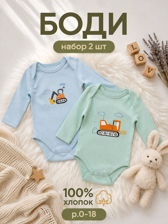 0-18 oylik chaqaloqlar uchun mo‘ljallangan, paxtadan tayyorlangan, uzun yengli bolalar bodi to‘plami - 