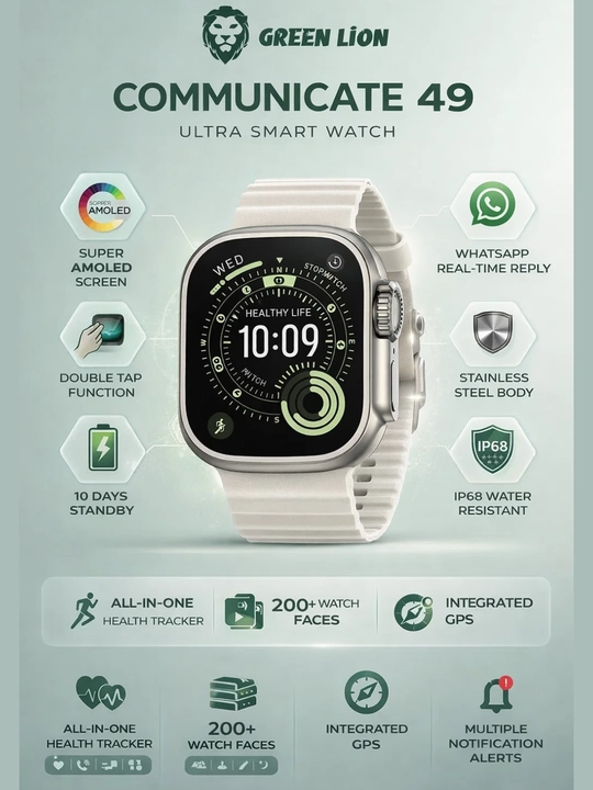 Умные часы Green Lion Communicate 49 Ultra, Super AMOLED, Double Tap, IP68 - 