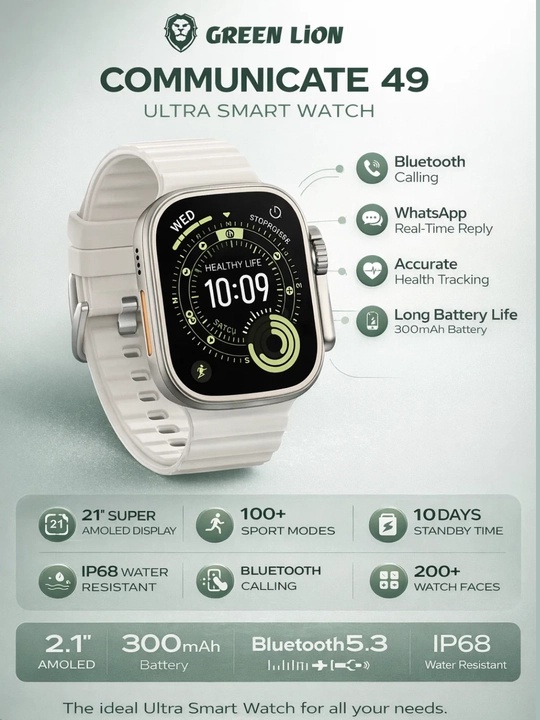 Aqlli soat Green Lion Communicate 49 Ultra, Super AMOLED, Double Tap, IP68