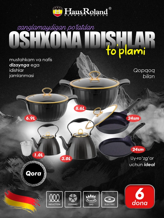 Oshxona uchun 6 qismli to‘plam: qozonlar, skovorodka, tova, 2 choynak - 