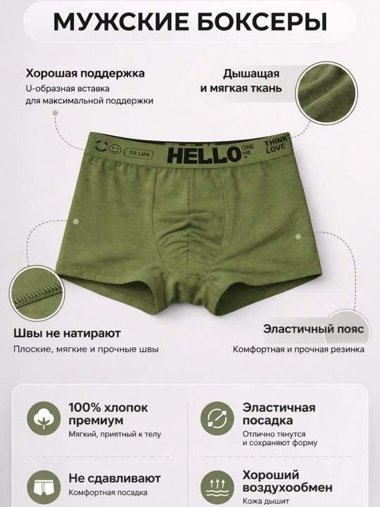 Мужские трусы боксеры бесшовные, хлопковые, дышащие, мягкие, удобная посадка - 