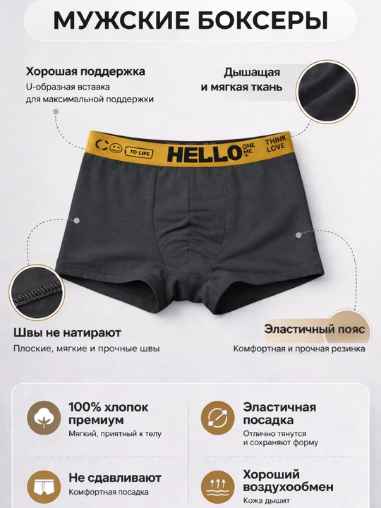 Мужские трусы боксеры бесшовные, хлопковые, дышащие, мягкие, удобная посадка - 