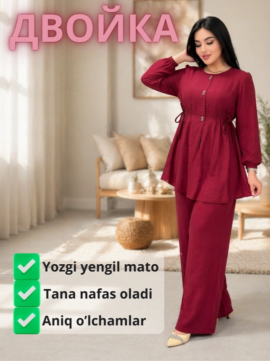 Yozgi yengil va yupqa dvoyka: keng shim va uzun kofta, havo o'tkazuvchan - 