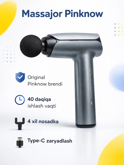 Массажер Pinknow, Перкуссионный массажный пистолет, 4 насадки, Type-C - 