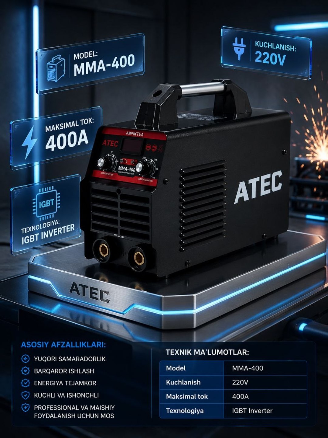 ATEC 400 invertorli payvandlash apparati, plastik materiallar uchun kuchli va professional
