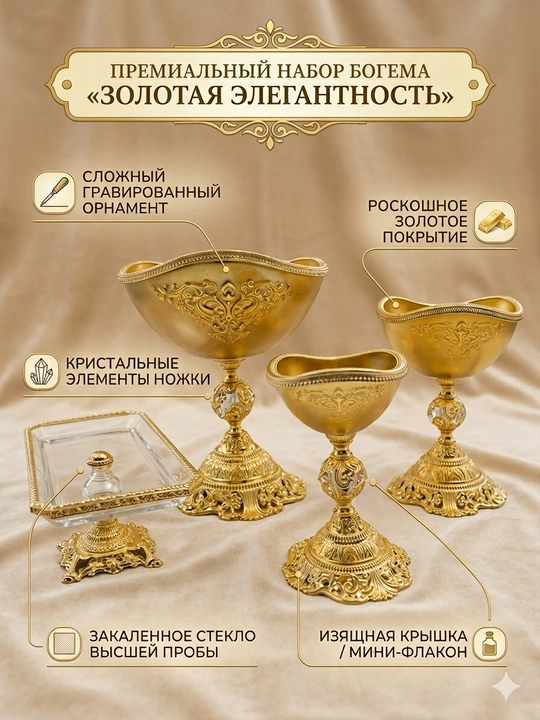 Премиальный набор посуды Богема – Золотая элегантность (12 предметов + 2 печеньицы) - 
