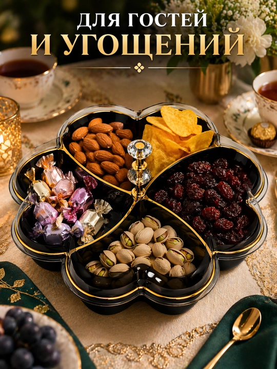 Конфетница с крышкой 4 отделений, менажница для конфет, печенья, орехов