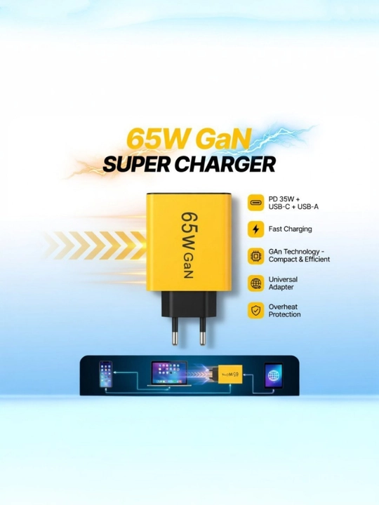 Tezkor quvvatlagich 65W GaN, USB-C va USB-A portlari bilan - 
