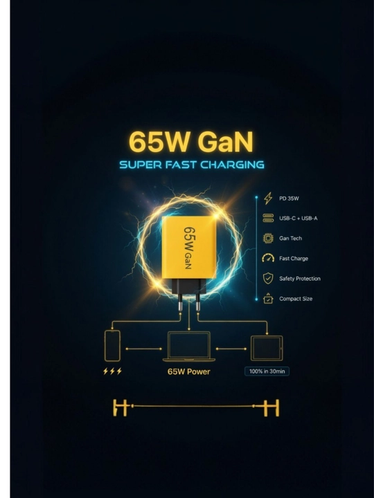 Сетевое зарядное устройство 65W GaN, для ноутбуков и смартфонов