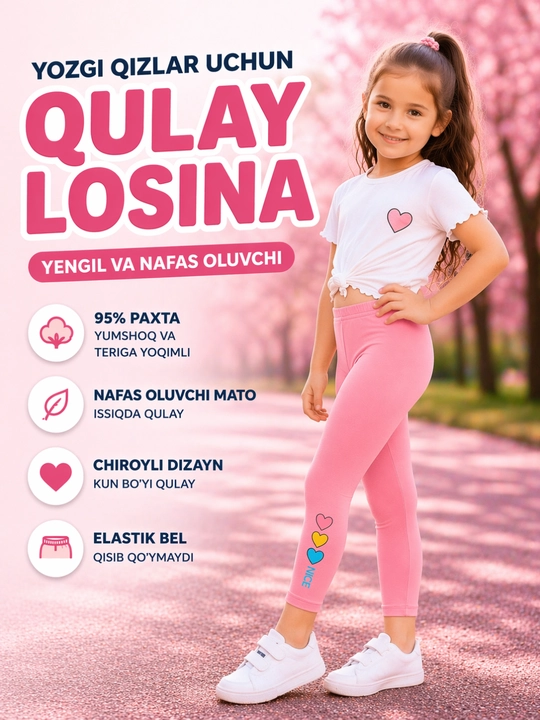 Qizlar uchun pushti losinlar,yozgi,95% paxta, qulay bolalar legginslari, yurakchalar bilan - 