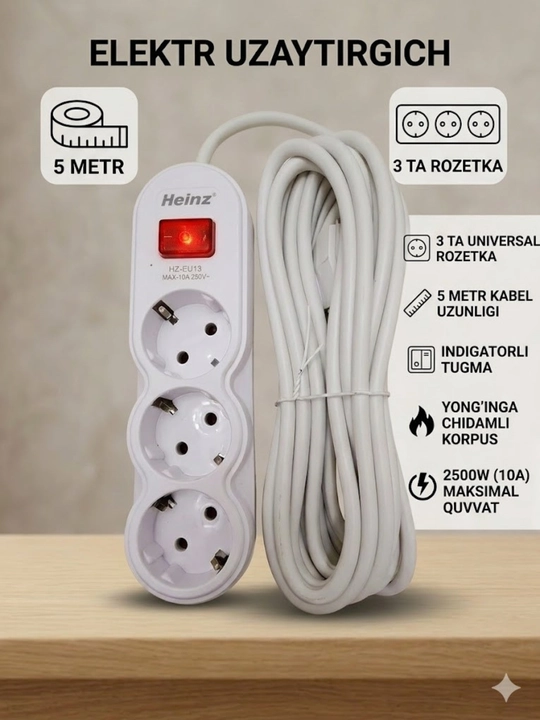 Elektr uzaytirgich, 3 ta rozetkali, 3-5 metr kabel, tugmali va indikatorli - 