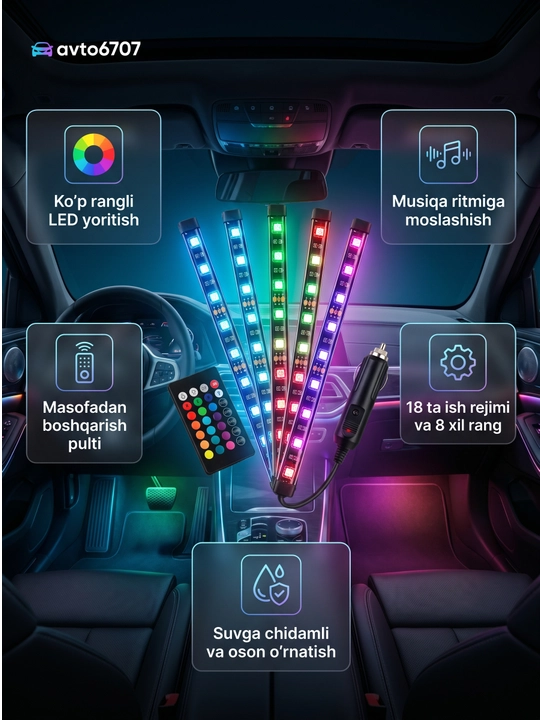 Avtomobil saloni uchun LED yoritgich USB, musiqali RGB chiroq 18 rejim pultli