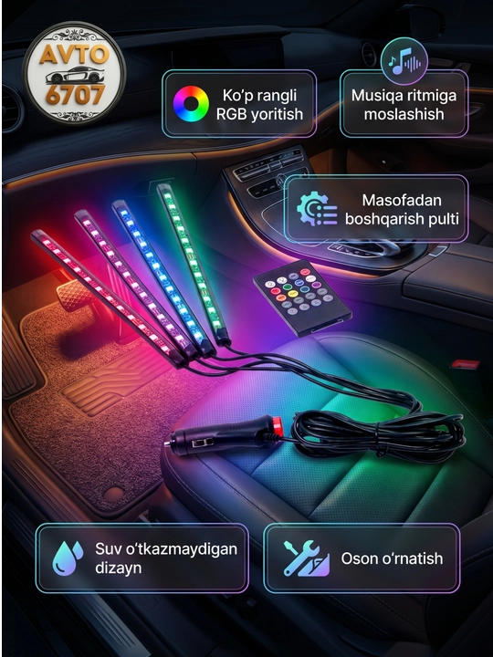 Avtomobil saloni uchun LED yoritgich USB, musiqali RGB chiroq 18 rejim pultli