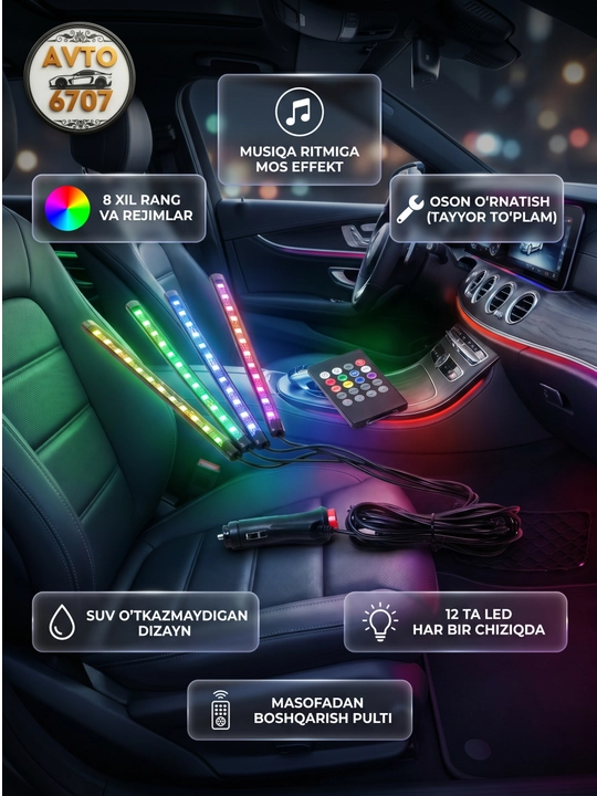 Светодиодная подсветка в салон авто USB, RGB лента с цветомузыкой и пультом 18 режимов - 