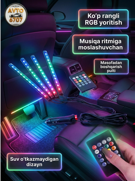 Avtomobil saloni uchun LED yoritgich USB, musiqali RGB chiroq 18 rejim pultli