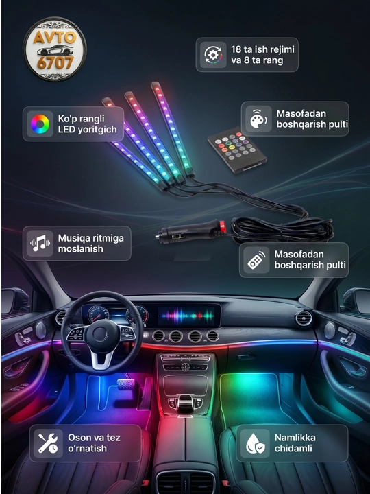 Avtomobil saloni uchun LED yoritgich USB, musiqali RGB chiroq 18 rejim pultli