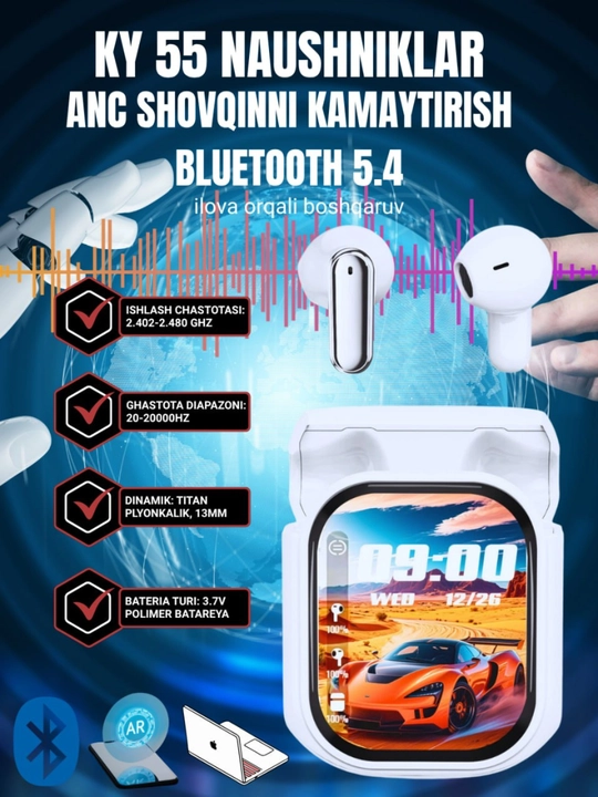 KY 55 naushniklar, ANC shovqinni kamaytirish, Bluetooth 5.4, ilova orqali boshqaruv