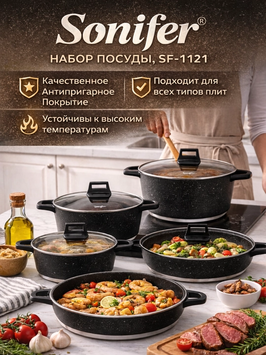 Набор посуды Sonifer SF-1154, комплект кастрюль с крышками, кухонная посуда серого цвета - 