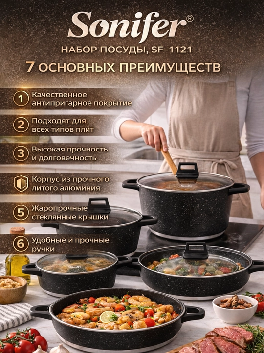 Набор посуды Sonifer SF-1154, комплект кастрюль с крышками, кухонная посуда серого цвета