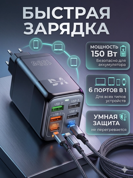 Tez quvvatlash, adapter, iPhone va Android 4 USB porti hamda Type-C 2 rozetkasi - 