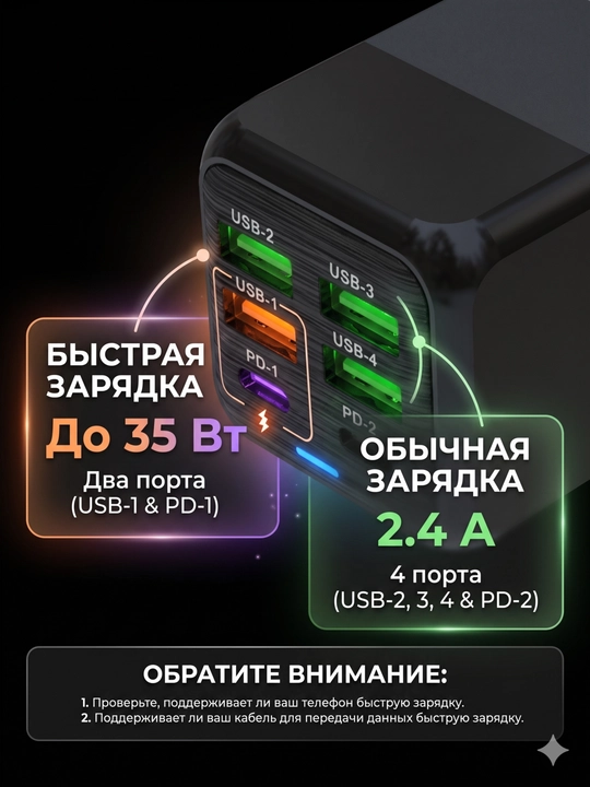 Tez quvvatlash, adapter, iPhone va Android 4 USB porti hamda Type-C 2 rozetkasi