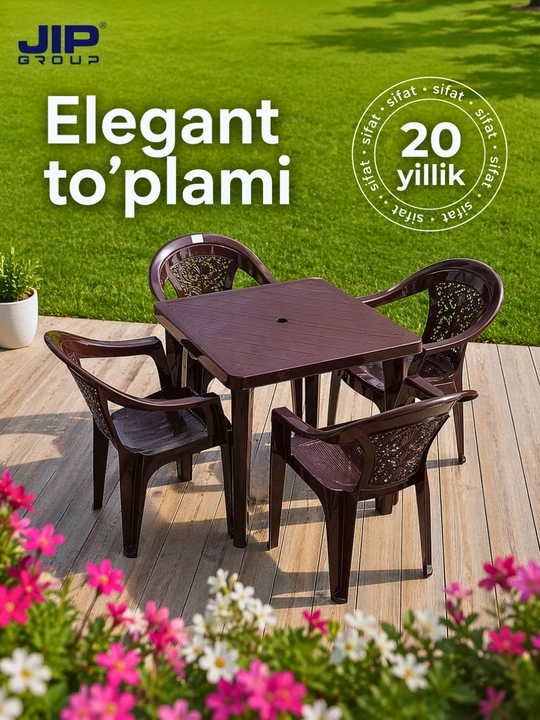 "Elegant" plastik mebel to'plami, stol va 4 ta stul, uy, hovli, kafelar uchun - 