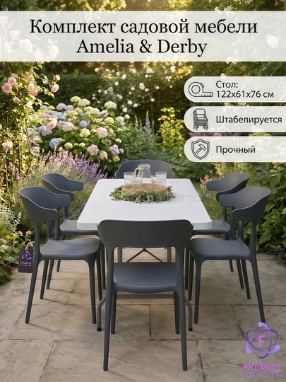 Комплект мебели Amelia & Derby (стол + стулья): до 250 кг, штабелируется, влагостойкий — FRUMOS-КОМПЛЕКТAMELIADERBYСАД-СЕРЫЙ-AME3DE1