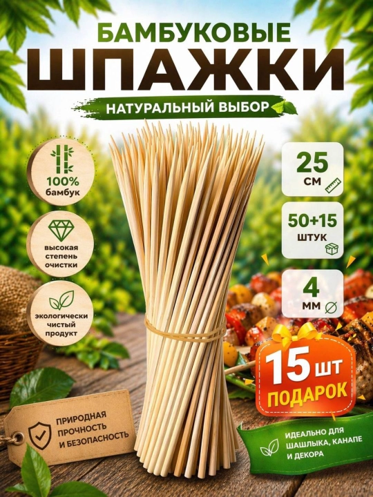 Oshxona va piknik uchun bambuk tayoqchalar, bir martalik yog‘och qilichlar, eko, 50+15 dona