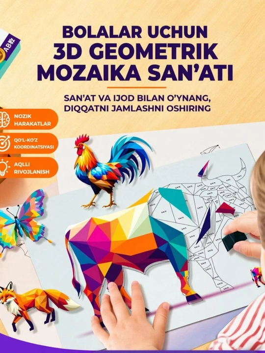 Bolalar uchun kreativ mozaika-pazl to‘plami (70+ detal) – Rangli hayvonlar konstruktori - 