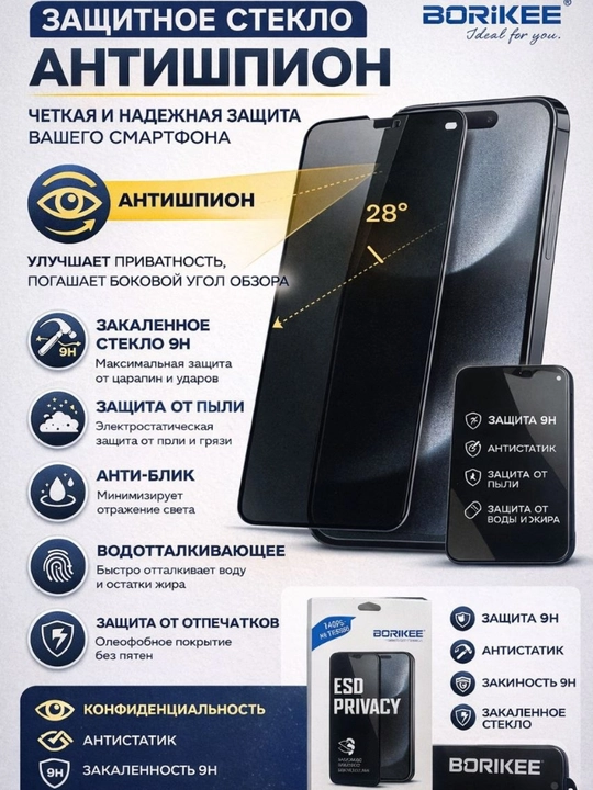 Защитное стекло антишпион для iPhone XS, 11, XR,12, 13, 14, 15, 16, 17, Pro, Pro Max
