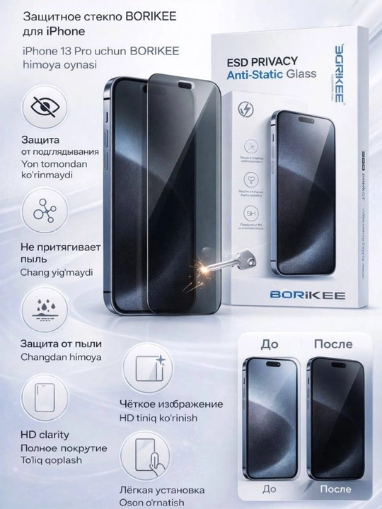 Защитное стекло антишпион для iPhone XS, 11, XR,12, 13, 14, 15, 16, 17, Pro, Pro Max