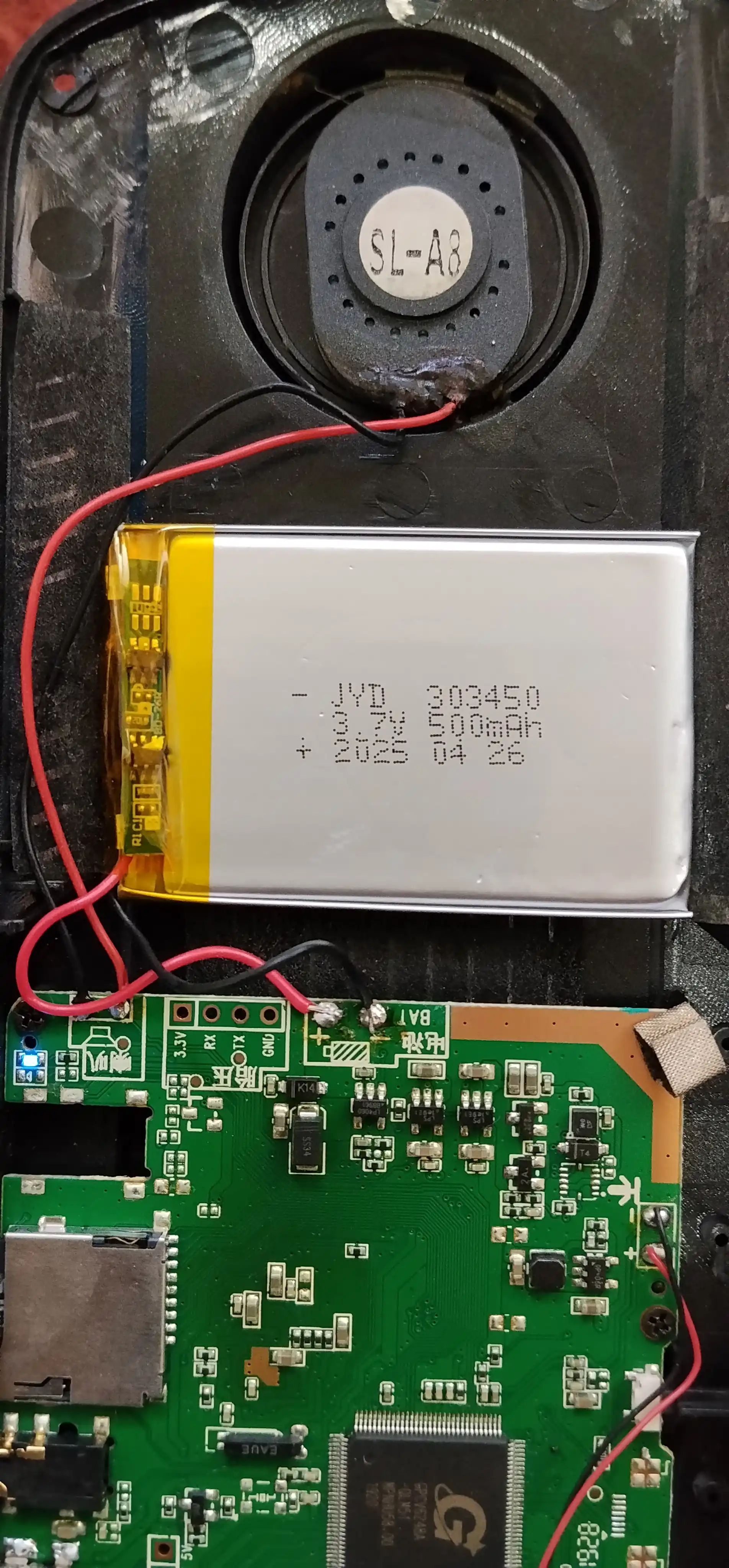 Li-Pol akkumulyator 303450, 3.7V 500mAh, 2pin, 30×34×50 mm