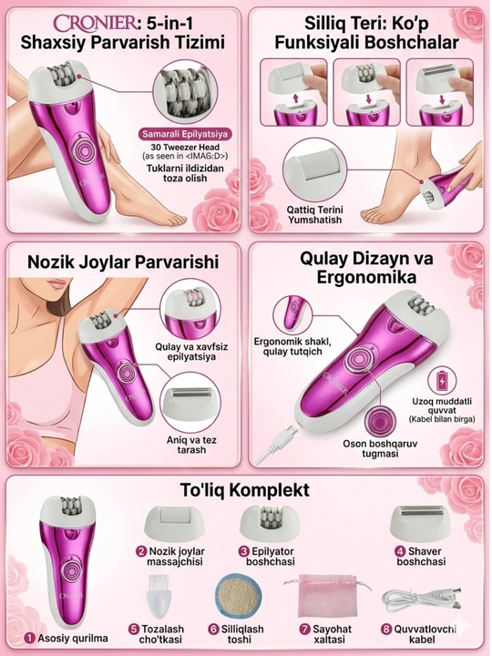 Epilyator, ayollar ustarasi, tana uchun simsiz epilyatorlar, tuklarni olib tashlash, VGR