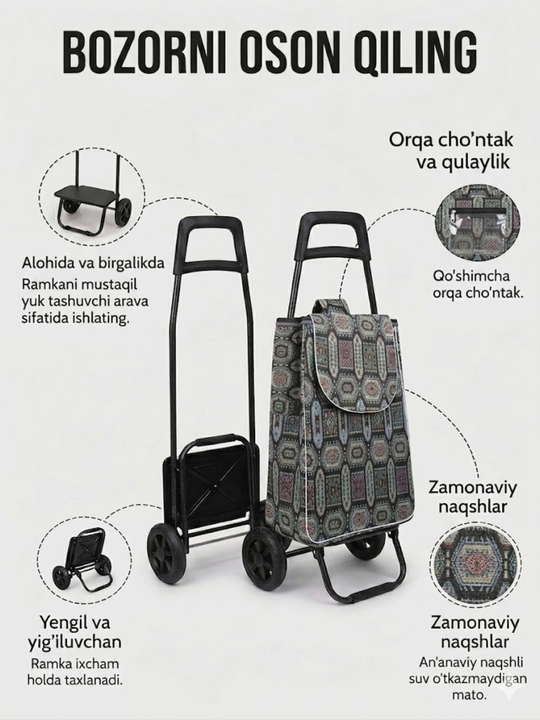 Arava sumka, shopper sumka, g'ildirakli sumka, bozor sumkasi, katta sumka, 30 kg yuk uchun