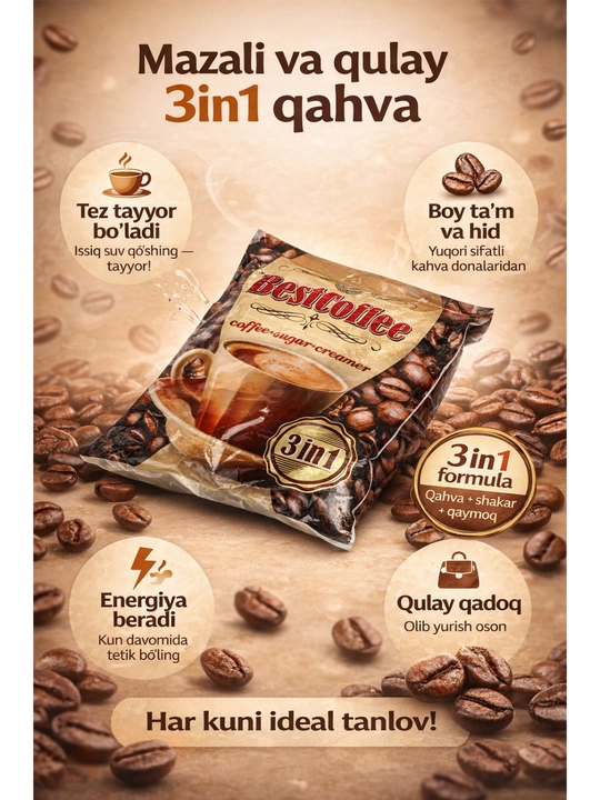 Tez eruvchan kofe BestCoffee 3 tasi 1 da, 20 dona * 17 gr - 