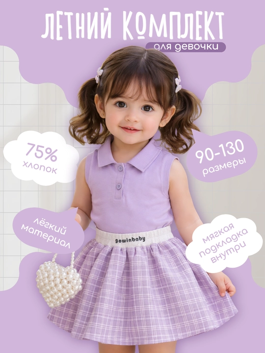 Qizlar uchun yozgi to‘plam: polo mayka + yubka - 