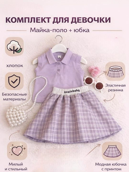 Qizlar uchun yozgi to‘plam: polo mayka + yubka